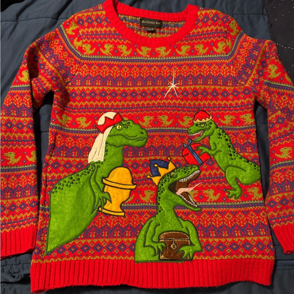Blizzard Bay Dinosaur 3 Wise Men Christmas Sweater Sz L 14/16